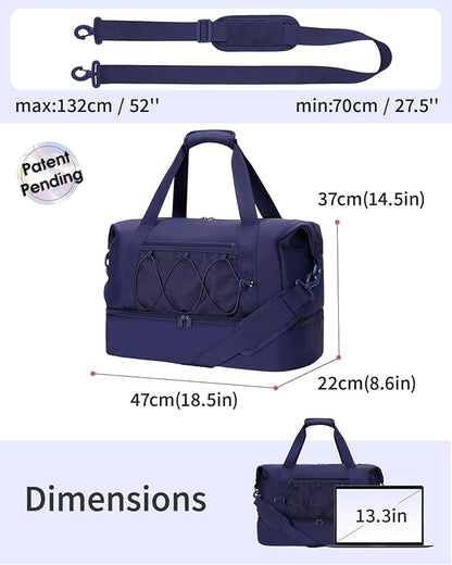 sportsnew Gym Travel Bag for Women, Large Travel Duffel with Shoe Compartment and Wet Pocket, Water Resistant Weekender Overnight Carry on Sports Tote Bags, Navy Blue, patent pending