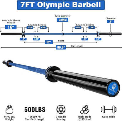 7ft Olympic Barbell, Weightlifting Barbell 28mm 45lb - 500/700/1000lbs Capacity with Smooth Spinning Sleeves, Olympic Bar Fits 2" Olympic Plates, for Snatch Clean Jerk - Home Gym Training