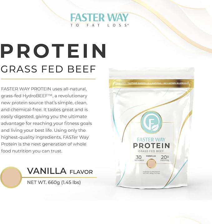 Faster Way - Protein Powder - Hydrolyzed Grass Fed Beef - 20g of Protein Per Serving - Muscle Growth & Recovery - 9 Essential Amino Acids - Sugar, Gluten & Dairy Free - Non-GMO - Vanilla - 30 Servings