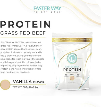 Faster Way - Protein Powder - Hydrolyzed Grass Fed Beef - 20g of Protein Per Serving - Muscle Growth & Recovery - 9 Essential Amino Acids - Sugar, Gluten & Dairy Free - Non-GMO - Vanilla - 30 Servings