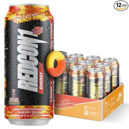 REDCON1 Energy High Performance Drink, Sour Peach Rings - Zero Sugar Energy Drink with Alpha GPC