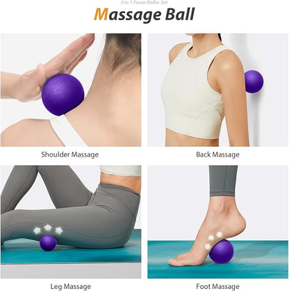 5 in 1 Foam Roller Set for Deep Tissue Muscle Massage, High Density Trigger Point Fitness Patented Exercise Foam Roller, Massage Roller, Massage Ball, Resistance Band, for Whole Body(Purple)