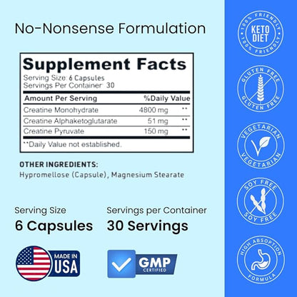 Creatine Capsules, 5g Premium 3X ThreeAtine Pre Workout Bulk Muscle Mass Gainer, High Absorption Easy to Take Creatine Monohydrate Pills Alternative Optimum Performance for Men Women, 180 Capsules
