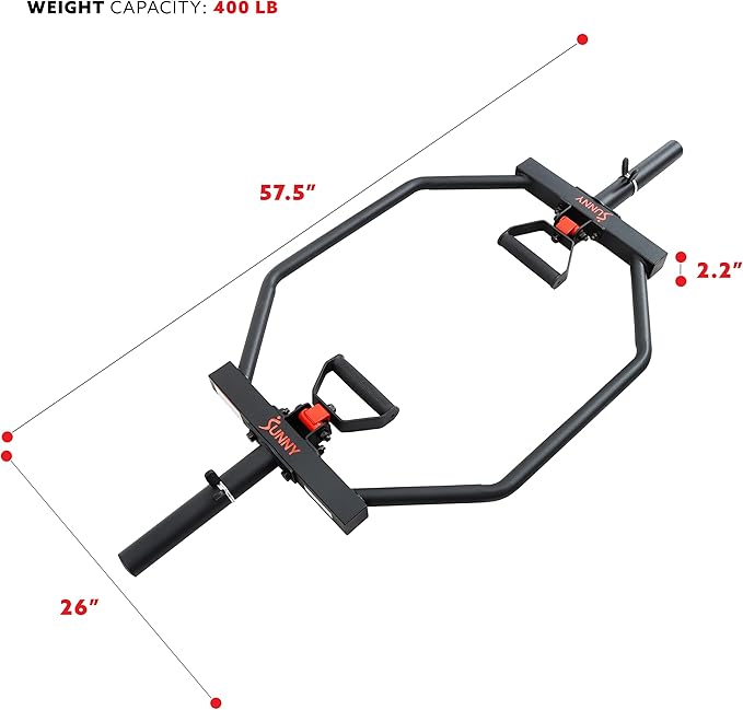 Sunny Health & Fitness Strength Training Olympic Hex Bar Barbell, High Load Capacity, Swivel Handles, Safety Clips, Knurled Handles for Deadlifts, Shoulder Presses, Shrugs, Back Rows, Weightlifting