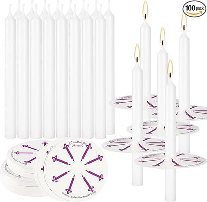 100 pcs Church Candles with Drip Protectors for Devotional Candlelight Vigil Service, Unscented White 5" H X 1/2" D, No Smoke, Shabbat, Praye