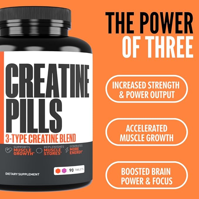 Crazy Muscle Creatine Pills, 5g 3X Pure Creatine Monohydrate, Pre Workout Bulk Muscle Mass Gainer, High Absorption Easy to Take ThreeAtine 3 Type Optimum Performance for Lean Growth, 90 Tablets