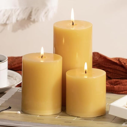 KONNI Mustard Yellow Pillar Candles Set of 3, 3"x 3" Unscented Pillar Candles Bulk, 30 Hours Long Burning Candles, Smokeless&Dripless Large Round Candle for Wedding, Home Decoration, Parties