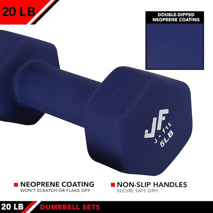 JFIT Dumbbell Pairs or Sets – Neoprene & Vinyl Coated Hand Weights for Home Gym, Strength Training, Aerobics, Cardio Exercise and Fitness