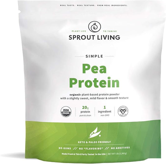 Sprout Living Organic Pea Protein Powder, Unflavored, 20 Grams of Plant Based Organic Protein Powder Without Artificial Sweeteners, Non Dairy, Non-GMO, Vegan, Gluten Free (5 Pound, 95 Servings)