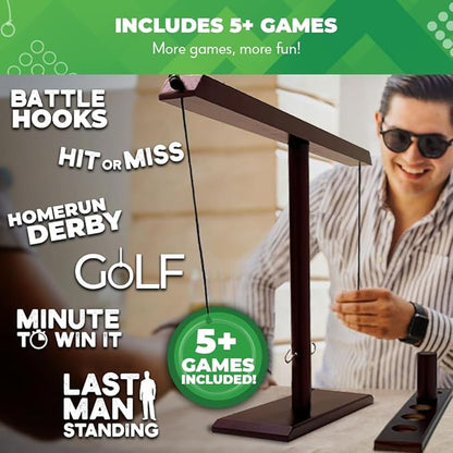 Swooc Games® - Battle Hooks XL Hook and Ring Game with Ladder - 20 Second Set Up - Hook and Ring Toss Game for Adults - Wooden Ring Hook Tossing Game - Tabletop Ring Hook Game