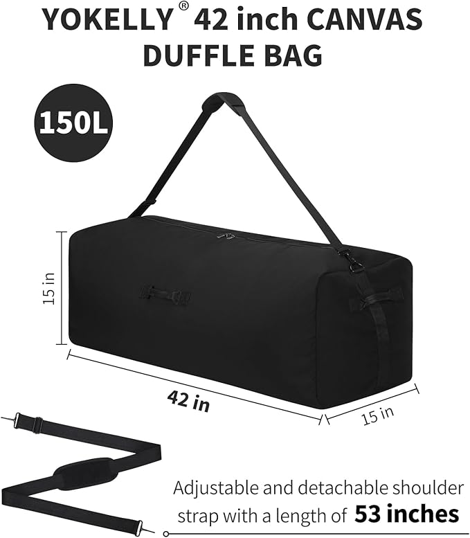 42 Inch Canvas Duffel Bag 150L Extra Large Luggage Duffle for Travel Sport and Camping - Black