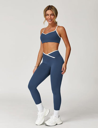 ABOCIW Workout Sets for Women 2 Piece Color Block Strappy Sports Bra High Waist Leggings Gym Yoga Pilates Outfits