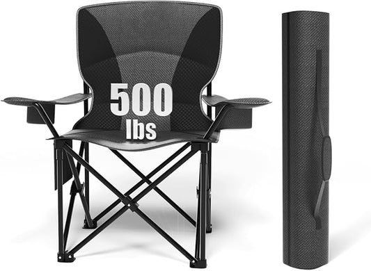 Heavy Duty Folding Chair 500LB Capacity, Oversized Camping Chairs with Cup Holder, Cooler Bag &