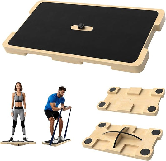 2-in-1 Wood Fitness Board, Resistance Band Workout Footplate and Professional Wooden Balance Board, Exercise Platform with Non-Slip Surface for Stretching, Strength, Flexibility and Balance for Total Body Home Gym