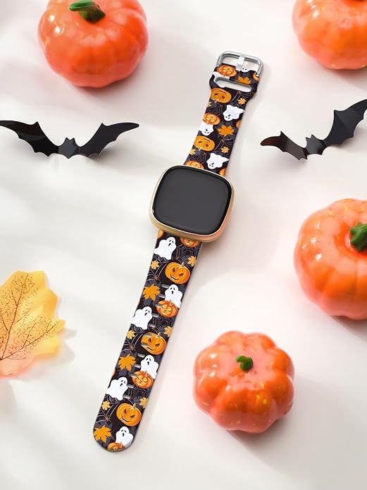 Watbro Halloween Holiday Band Compatible with Fitbit Versa 3 / Sense/Fitbit Versa 4 / Sense 2 Bands for Women Men,Soft Silicone Cute Sport Pumpkin Strap