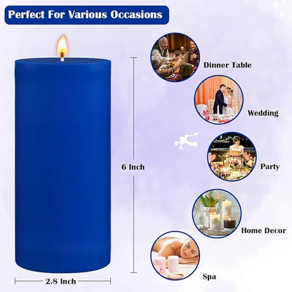 3 Packs 2.8x6 Inch Blue Colored Pillar Candles, Unscented Dripless Non-Toxic Smokeless Clean Long Lasting Burning Cylinder Candles for Home Dinner Table Decoration Emergency Power Outage