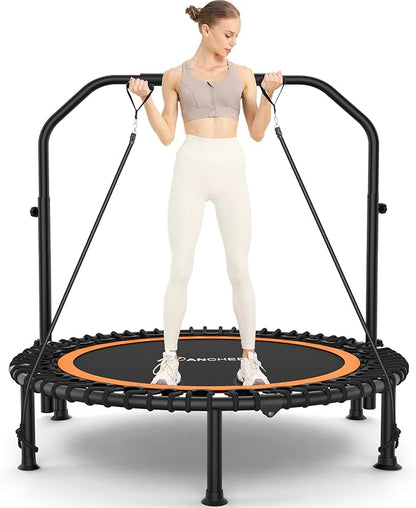 ANCHEER 40" Foldable Mini Trampoline,Max Load 450lbs/550lbs Indoor Trampoline,with 4 Level Adjustable Foam Handle and Resistance Bands,Adult Exercise Trampoline for Home, Garden, and Gym