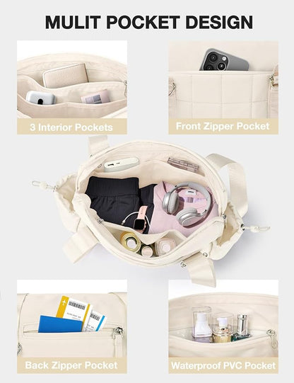 VUUDH Puffy Mini Gym Bag for Women, Carry On Multi-Pocket Water-Resistant Duffel, Lightweight Sports Bag for Fitness, Work, Travel, Daily Commute,Beige