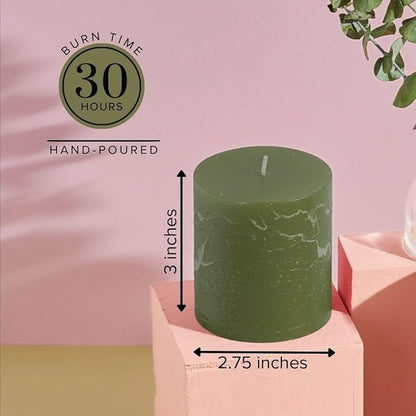Simply Soson 3x3 inch Dark Moss Green Pillar Candles Set of 3, Rustic Texture, Unscented Green Candles, Dripless Candles, 3 inch Pillar Candles for Wedding Parties Spas Dinner Home Decoration Church