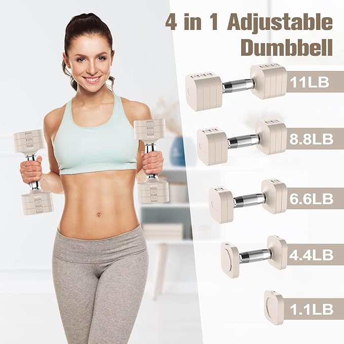 22LBS Adjustable Dumbbells Set, Adjustable Weight Dumbbells with 4 Levels 4.4lb, 6.6lb, 8.8lb, 11lb, Hand Weights Sets for Women/Men Home Gym Full Body Workout