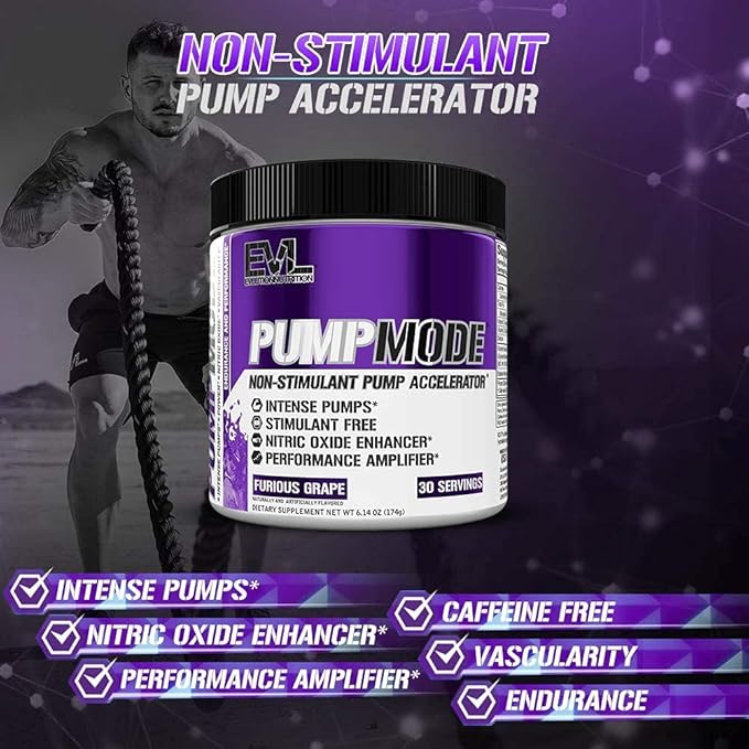 EVL PumpMode Nitric Oxide Supplement - Nitric Oxide Booster Pump Pre Workout Powder with Glycerol and Betaine for Muscle Recovery Growth and Endurance - Stim Free Pre Workout Drink (Furious Grape)