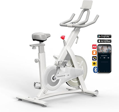 WONDER CORE Indoor Cycling Exercise Bike, WONDERCISE Bike - 13.2LB Flywheel, 32-Level Resistance, Silent Belt Drive, Bluetooth Connectivity, Tablet Holder, Adjustable Seat/Handlebars (White)