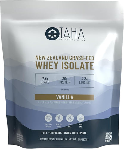 Taha Health & Nutrition Vanilla Whey Protein Isolate Powder, 30g Protein, 7.9g BCAAs, 4.3g Leucine | New Zealand Free-Range, Grass-Fed Dairy | Gluten-Free, Keto, Kosher | 2LB, 25 Servings