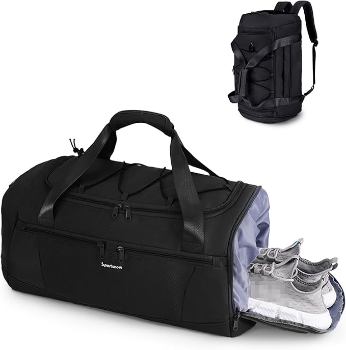 Sportsnew Gym Bag for Men Women with Shoe Compartment Wet Pocket,Yoga Bag with Yoga Mat Holder,Duffel Bag for Travel with Laptop Compartment,Weekender Overnight Carry On Bag(Black Patent Pending)