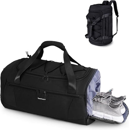 Sportsnew Gym Bag for Men Women with Shoe Compartment Wet Pocket,Yoga Bag with Yoga Mat Holder,Duffel Bag for Travel with Laptop Compartment,Weekender Overnight Carry On Bag(Black Patent Pending)