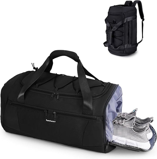 Sportsnew Gym Bag for Men Women with Shoe Compartment Wet Pocket,Yoga Bag with Yoga Mat Holder,Duffel Bag for Travel with Laptop Compartment,Weekender Overnight Carry On Bag(Black Patent Pending)