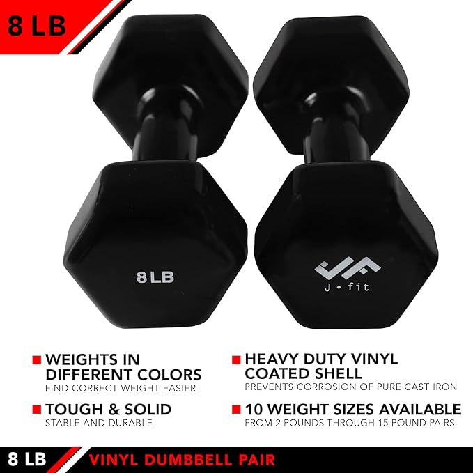 JFIT Dumbbell Pairs or Sets – Neoprene & Vinyl Coated Hand Weights for Home Gym, Strength Training, Aerobics, Cardio Exercise and Fitness