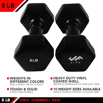 JFIT Dumbbell Pairs or Sets – Neoprene & Vinyl Coated Hand Weights for Home Gym, Strength Training, Aerobics, Cardio Exercise and Fitness