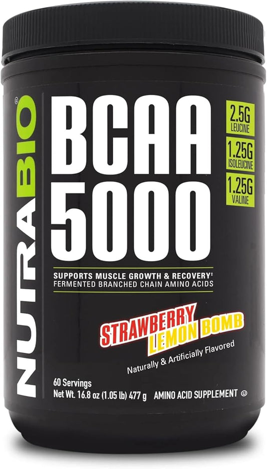 NutraBio BCAA 5000 Powder - Vegan Fermented BCAAs - Supports Lean Muscle Growth, Recovery, Endurance - 60 Servings - Strawberry Lemon Bomb