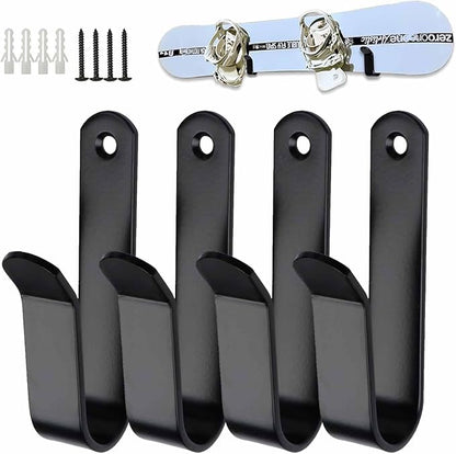 Snowboard Wall Mount & Skateboard Display Rack - Horizontal Hanger Clips for Snowboards, Longboards, Skateboards - Space Saving Storage Solution for Garage, Bedroom, Living Room (Black, 4 PCS)