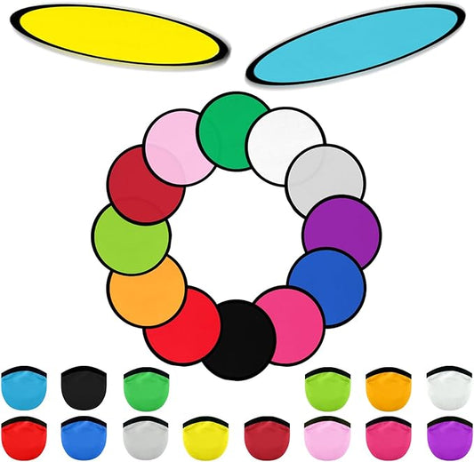 28PCS Foldable Flying Disc Fans with Bags, 9.8'' DIY Handheld Black Egde Fabric Folding Fan for Outdoor Game Activities Birthday Party Favors Gifts, 14 Colors