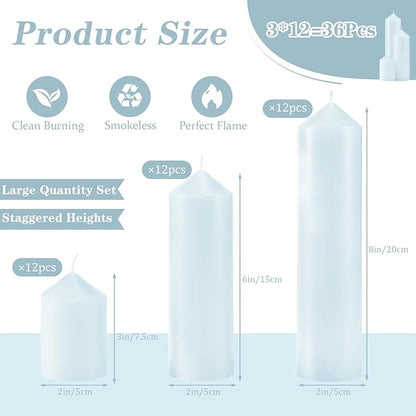 36 Pcs Blue Pillar Candles Bulk Set，Hurricane Candlesï¼? Different Lengths (12 Each)，Dripless Unscented Smokeless，Gives You a Better Atmosphere When Organizing Wedding or Event Party.