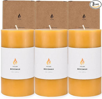 3PCS 3"x 6" Large Beeswax Pillar Candles, Made of Pure Natural Beeswax, with Ultra Long Burning Time and Low Allergenicity-Rawï¼?2H
