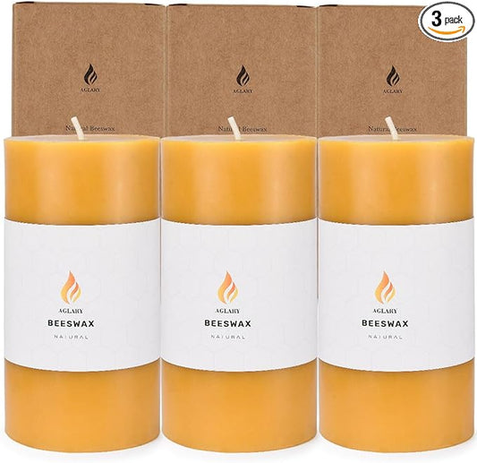 3PCS 3"x 6" Large Beeswax Pillar Candles, Made of Pure Natural Beeswax, with Ultra Long Burning Time and Low Allergenicity-Rawï¼?2H