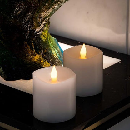3x3 Flickering Flameless Candles Set of 2,3 inch Real Wax LED 600 Hours Battery Candles with Timer Remote,Control for Wedding Party Indoor, White