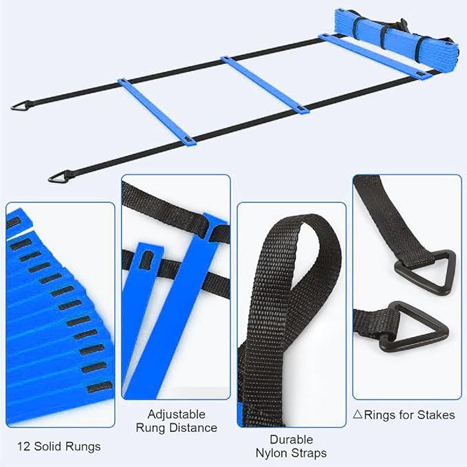 Speed Training Equipment Set, 12 rungs Agility Ladder, 12 Soccer Cones, Jump Rope, Running Parachute, Resistance Bands, Basketball Football Soccer Training Equipment for Kids Youth Adults.