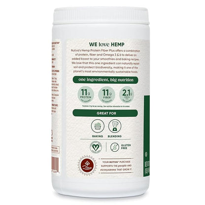 Nutiva USDA Organic Cold-Pressed Hemp Seed Plant Protein Powder, 16 Ounce, Fiber Plus with Essential Amino Acids, Non-GMO, Whole 30 Approved, Vegan & Keto