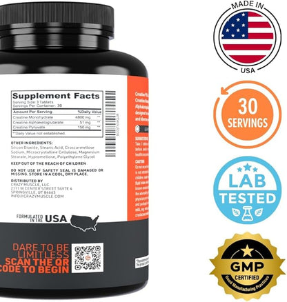 Crazy Muscle, Creatine Pills, 5g 3X Pure Creatine Monohydrate, Pre Workout Bulk Muscle Mass Gainer, High Absorption Easy to Take ThreeAtine 3 Type Optimum Performance for Lean Growth Men Women