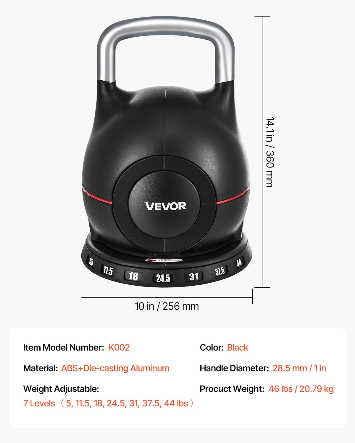 VEVOR Kettlebell, Adjustable Kettlebell with 7 Weight Levels (5, 11.5, 18, 24.5, 31, 37.5, 44 lbs)