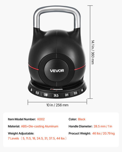 VEVOR Kettlebell, Adjustable Kettlebell with 7 Weight Levels (5, 11.5, 18, 24.5, 31, 37.5, 44 lbs)