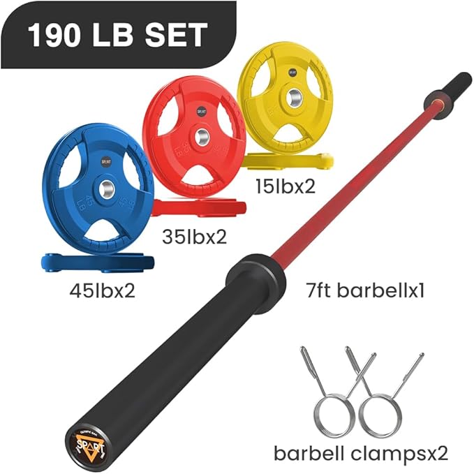 7FT Olympic Barbell Bar with Weight Plate Set Combo, Solid Olympic Bar with Bearings, 700Lbs Capacity Weight Bar for Home Gym Strength Training, Weightlifting, Powerlifting, Fit for 2" Olympic Plates