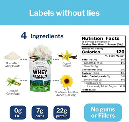 Opportuniteas Grass Fed Vanilla Whey Protein Isolate Powder - 22g Protein Powder Without Artificial Sweeteners, Hormone-Free Cows, Non GMO - 1lb