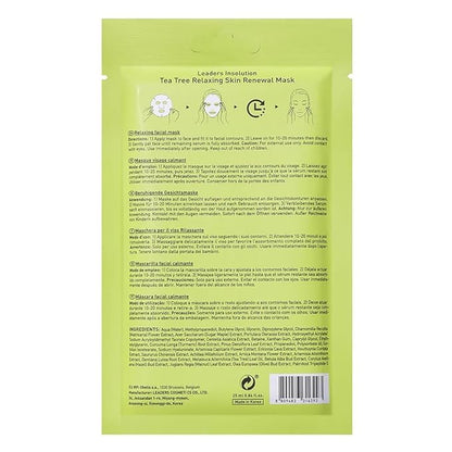 Leaders Insolution Tea Tree Relaxing Skin Renewal Mask | Soothing Facial Sheet for Acne, Oil Control, and Sensitive Skin | Hydrating Botanicals | Calms Redness, Smooth (5 Sheets)