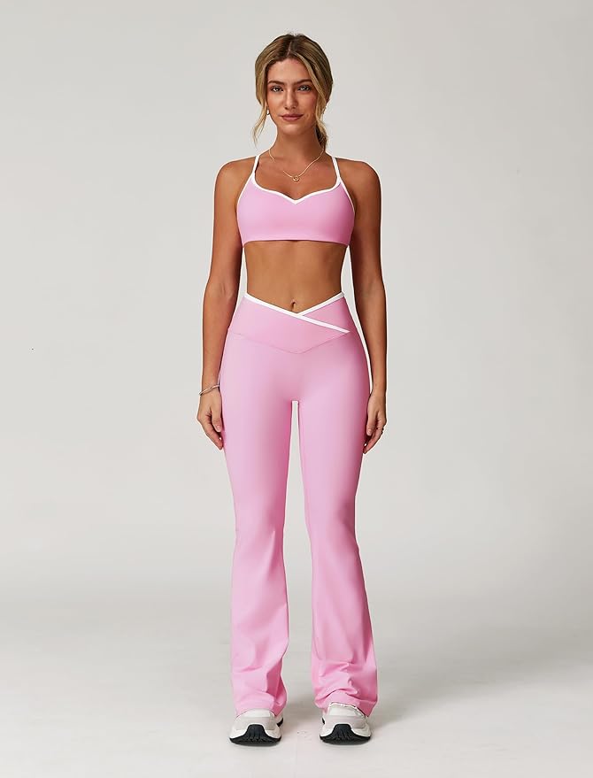 ABOCIW Workout Sets for Women 2 Piece Color Block Strappy Sports Bra High Waist Leggings Gym Yoga Pilates Outfits