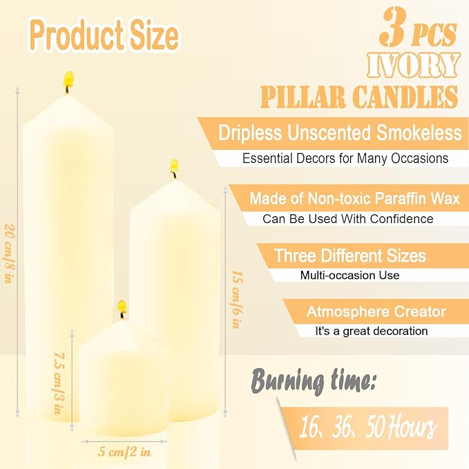 3 Pcs Ivory Pillar Candles Bulk Set，Hurricane Candlesï¼? Different Lengths ，Dripless Unscented Smokeless，Gives You a Better Atmosphere When Organizing Wedding or Event Party.