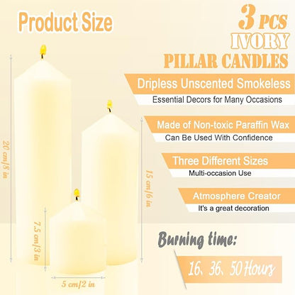 3 Pcs Ivory Pillar Candles Bulk Set，Hurricane Candlesï¼? Different Lengths ，Dripless Unscented Smokeless，Gives You a Better Atmosphere When Organizing Wedding or Event Party.